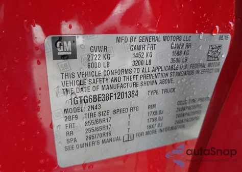 2015 GMC Canyon Sle из США, поврежденный, VIN 1GTG6BE38F1201384